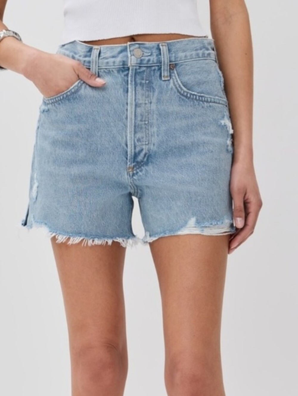 Agolde Dee Light Blue Distressed Denim Cutoff Shorts Sz 32